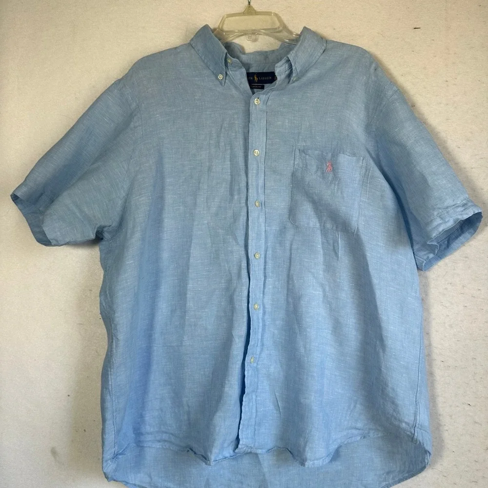 Polo Ralph Lauren Mens XXL Blue 100% Linen Short Sleeve Classic Fit Button Down
