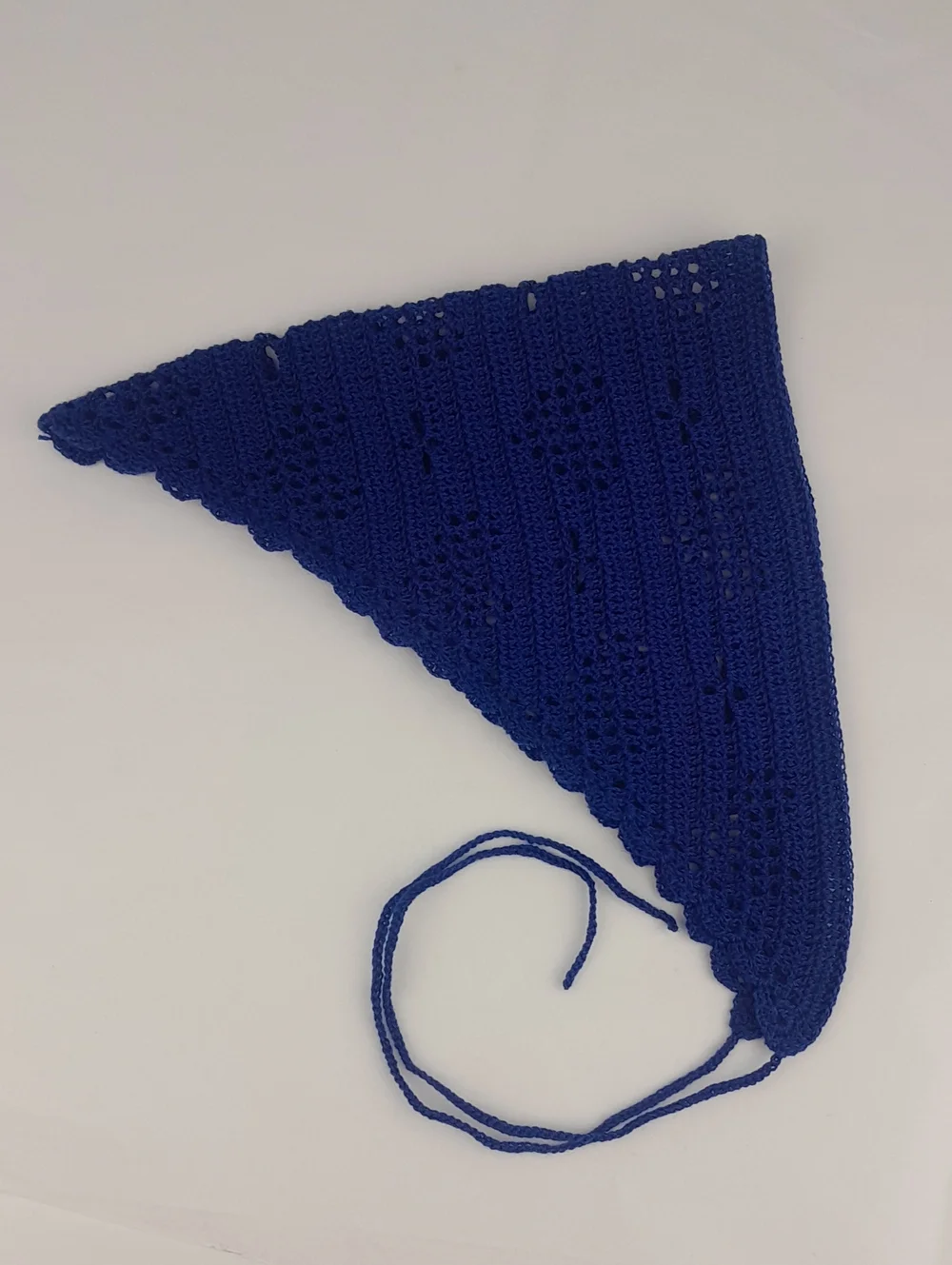 Handcrafted Soft Royal Blue Crocheted Heart Filet Head Bandana Kerchief Tie Back