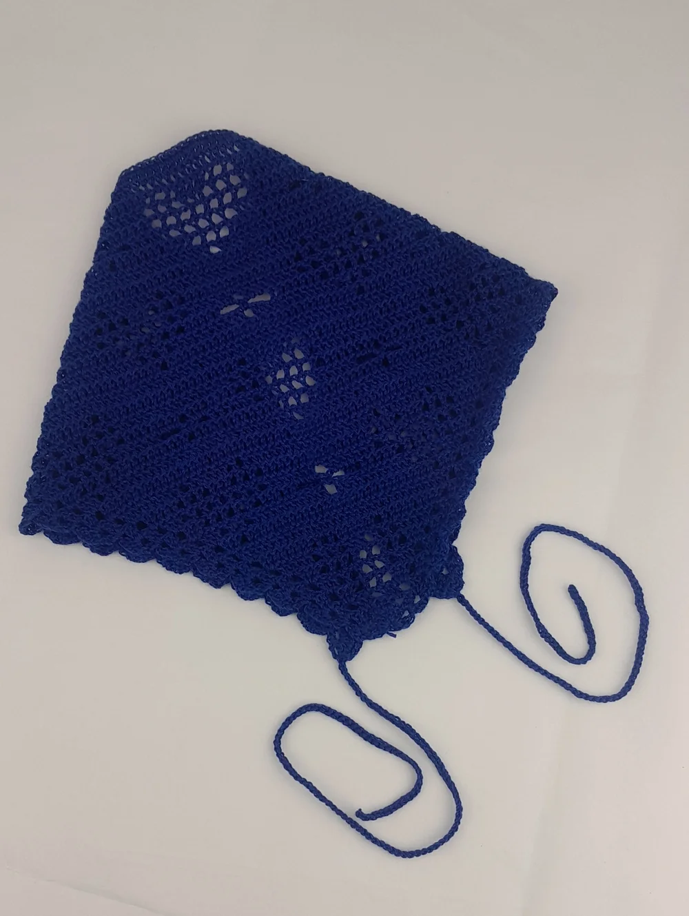 Handcrafted Soft Royal Blue Crocheted Heart Filet Head Bandana Kerchief Tie Back