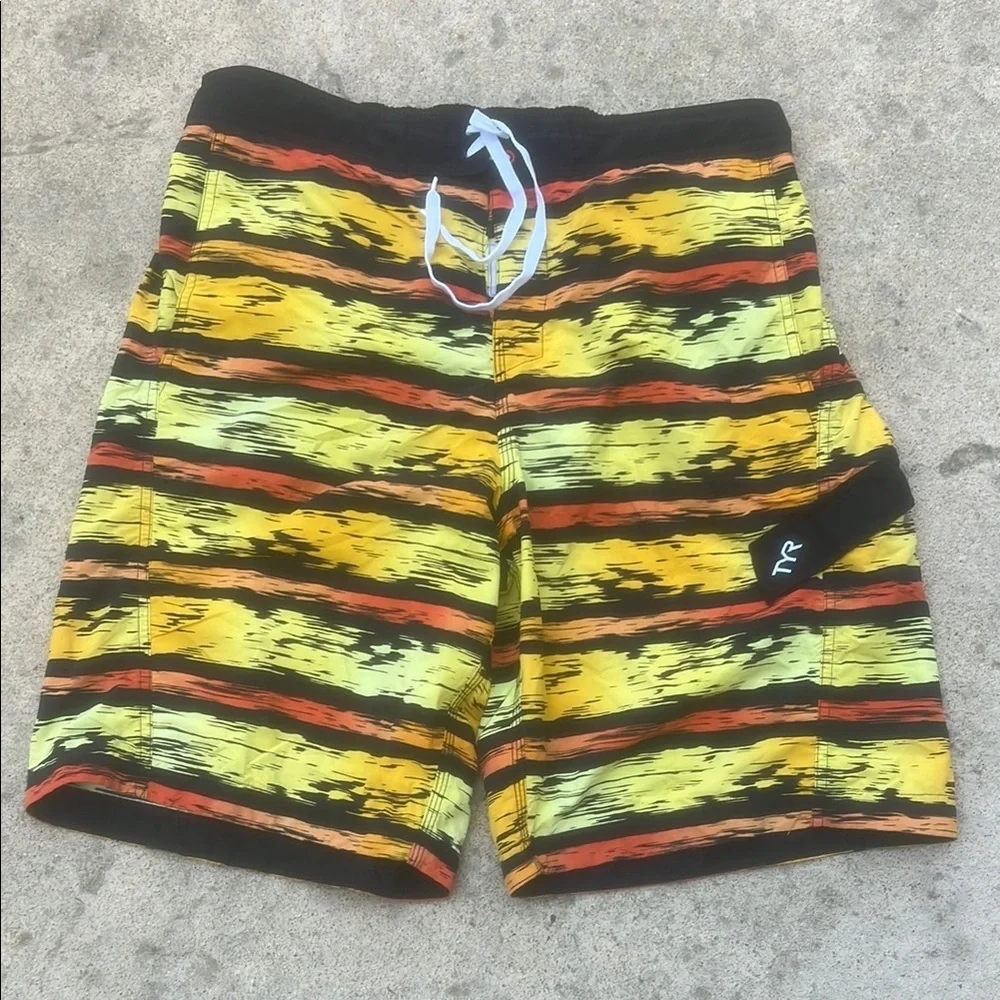 TYR Men's Yellow Orange Black Stripe Design Lined Swim Trunks Size XL