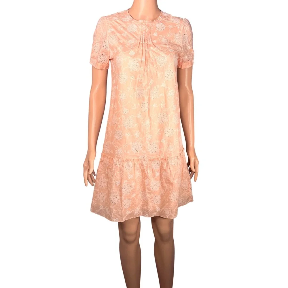 Coach New York Peach Eyelet Embroidered Drop Waist Ruffle Shift Dress Womens 0