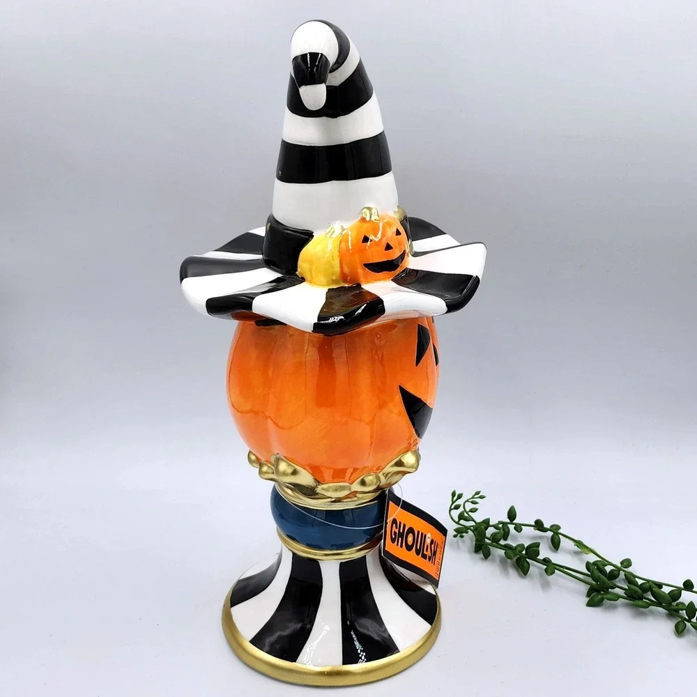 Ghoulish Pumpkin Pedestal Figurine Halloween Black White Striped Witch 14