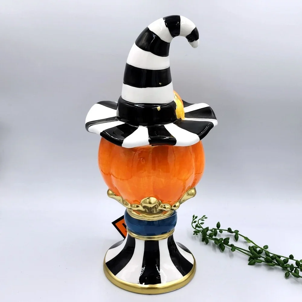 Ghoulish Pumpkin Pedestal Figurine Halloween Black White Striped Witch 14