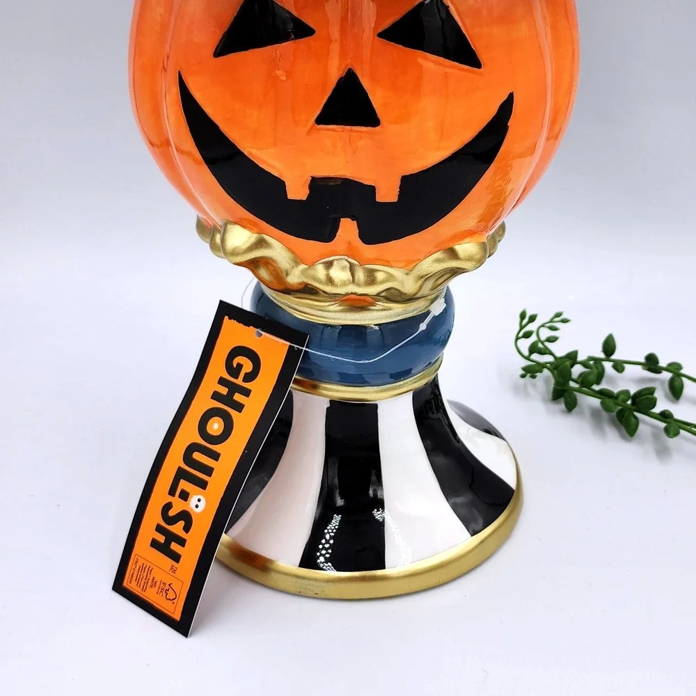 Ghoulish Pumpkin Pedestal Figurine Halloween Black White Striped Witch 14