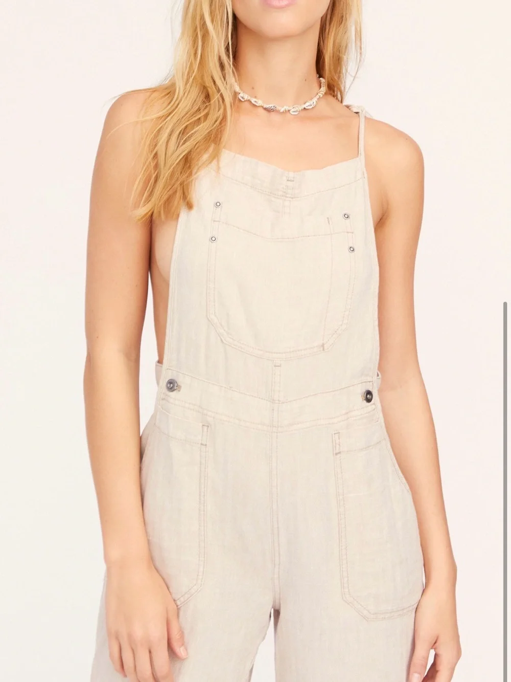 Free People Cream Linen-Blend Wide-Leg Overalls