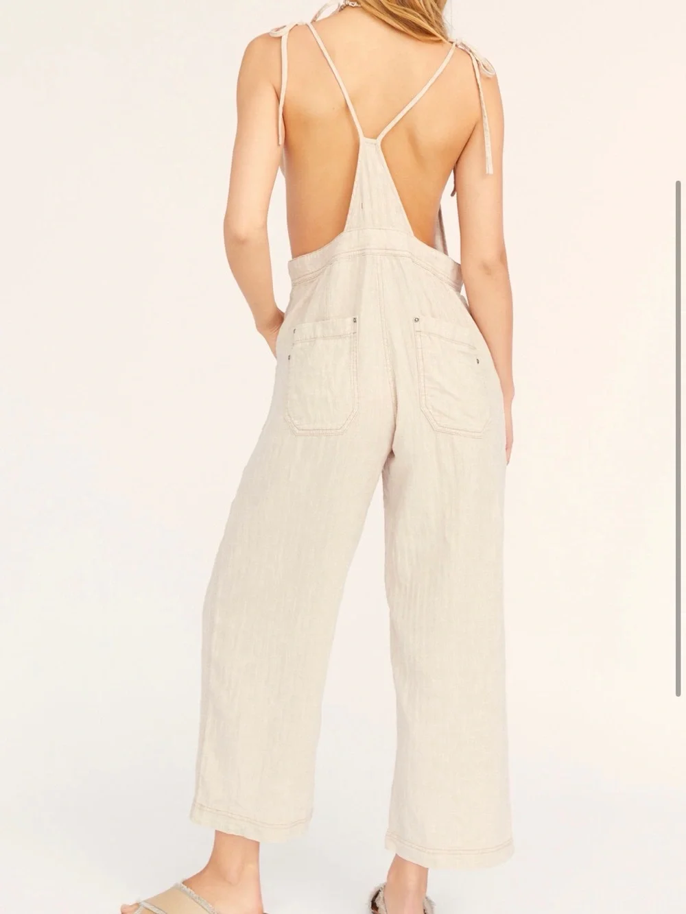 Free People Cream Linen-Blend Wide-Leg Overalls
