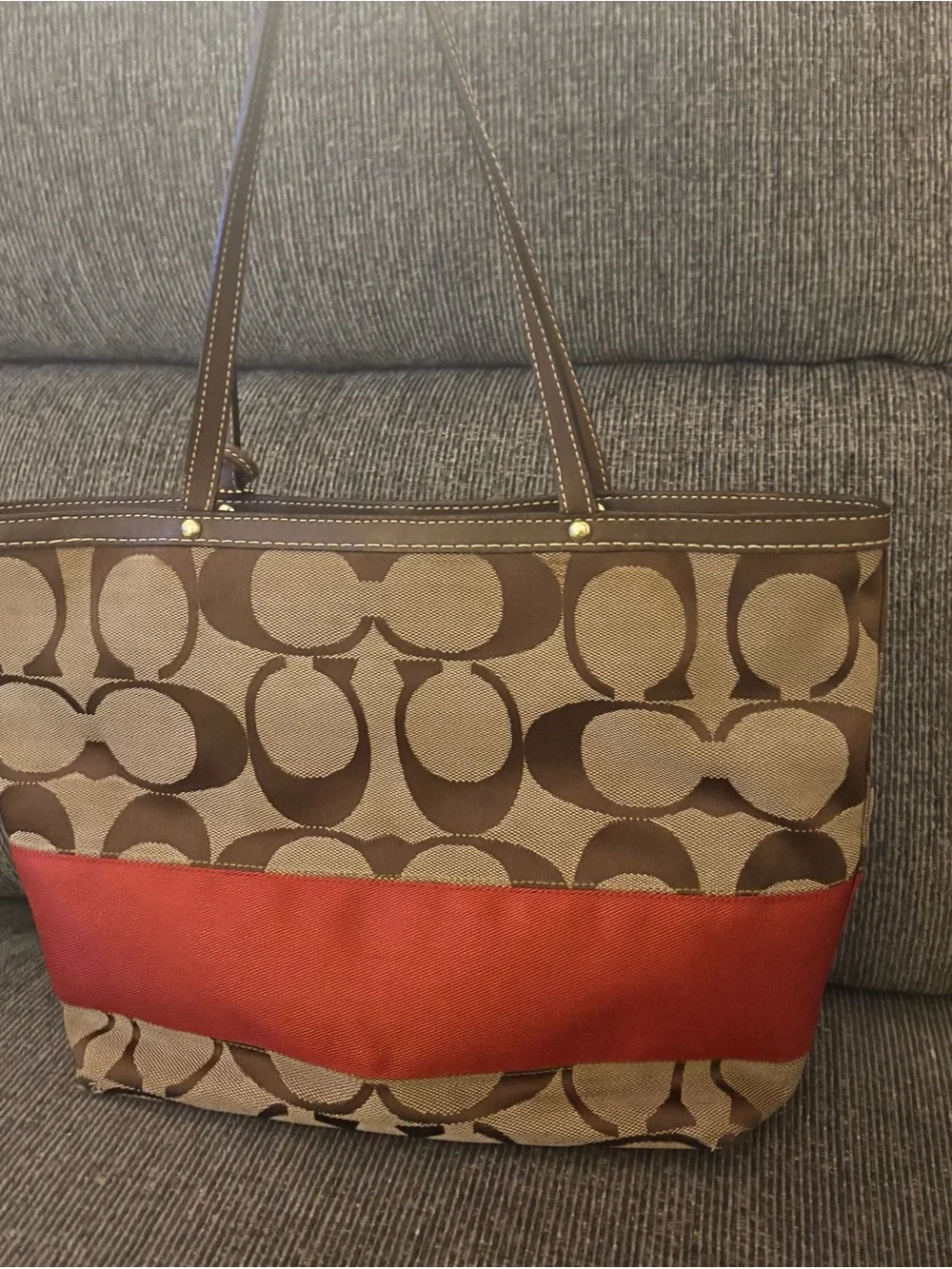 Coach Signature Stripe Tote 10124 Classic Brown Tan Orange