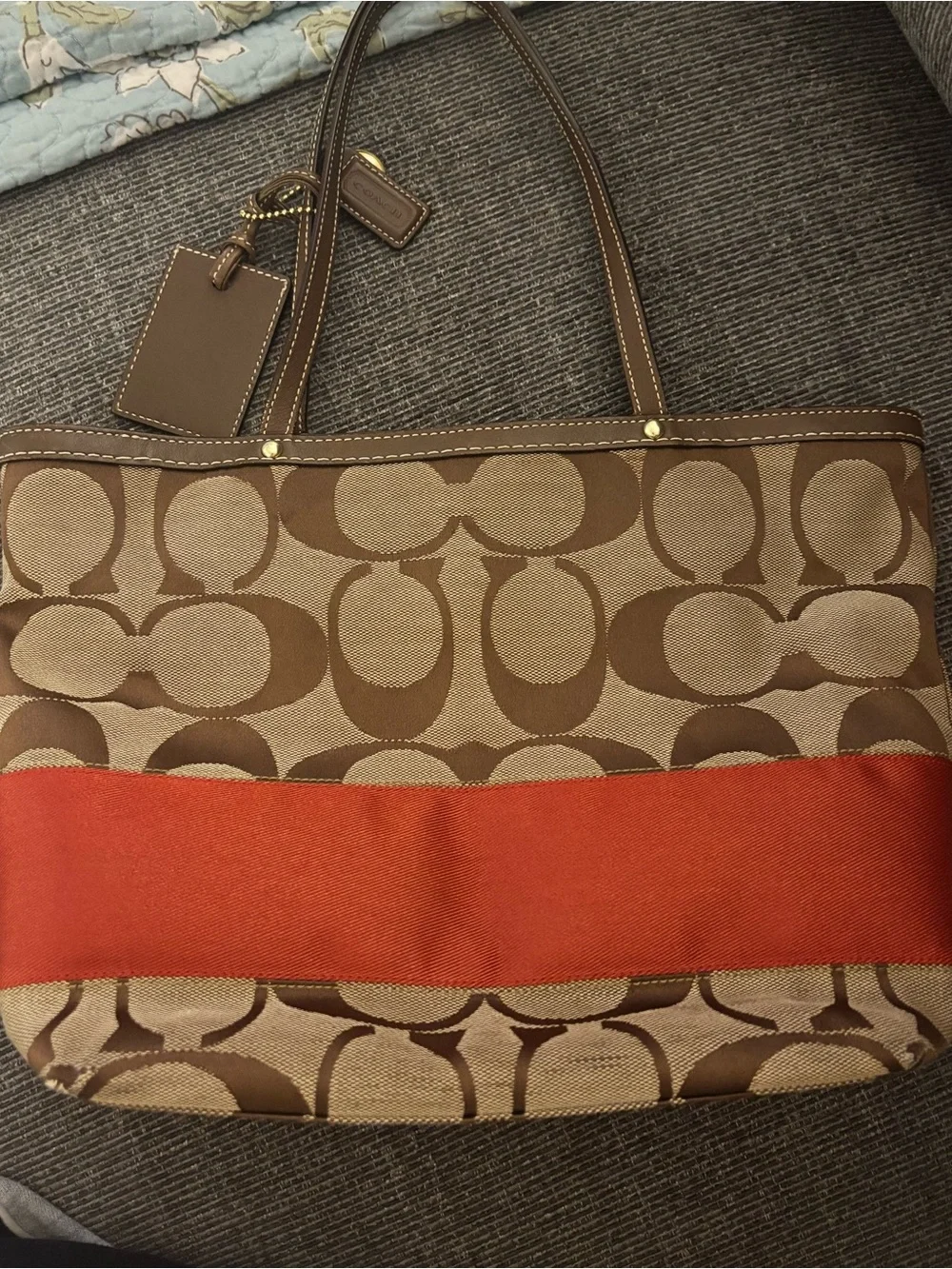 Coach Signature Stripe Tote 10124 Classic Brown Tan Orange
