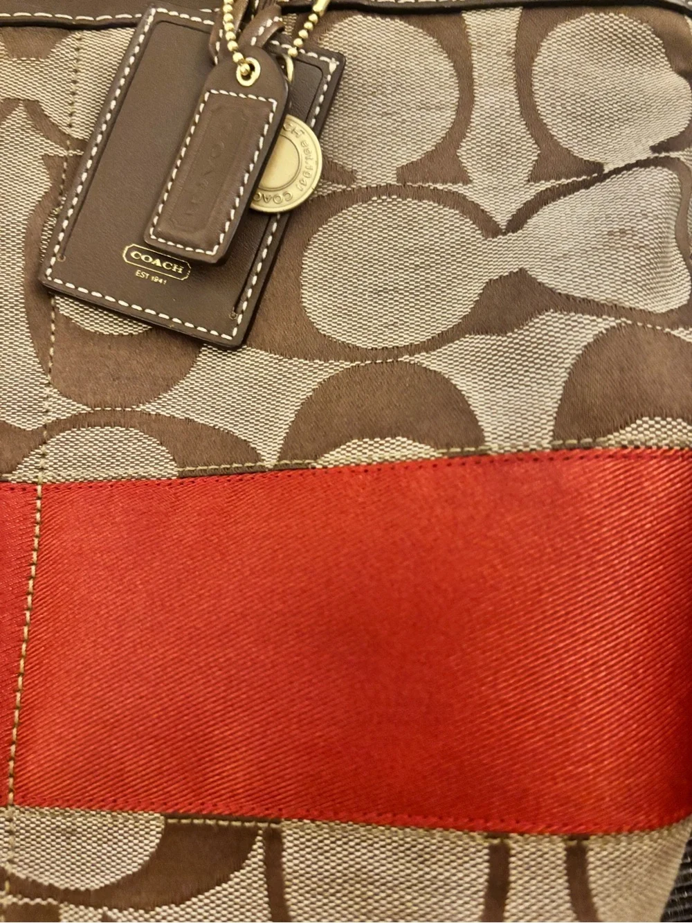 Coach Signature Stripe Tote 10124 Classic Brown Tan Orange