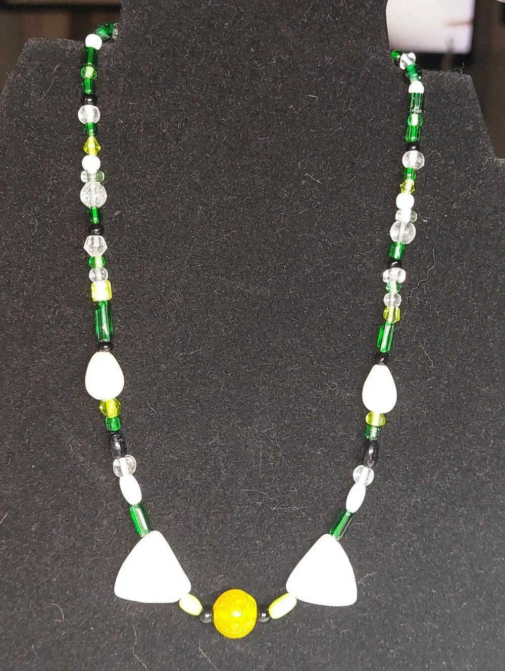 Handmade Green and White Glass Beaded Necklace with Yellow Accent 16 Inch Choker