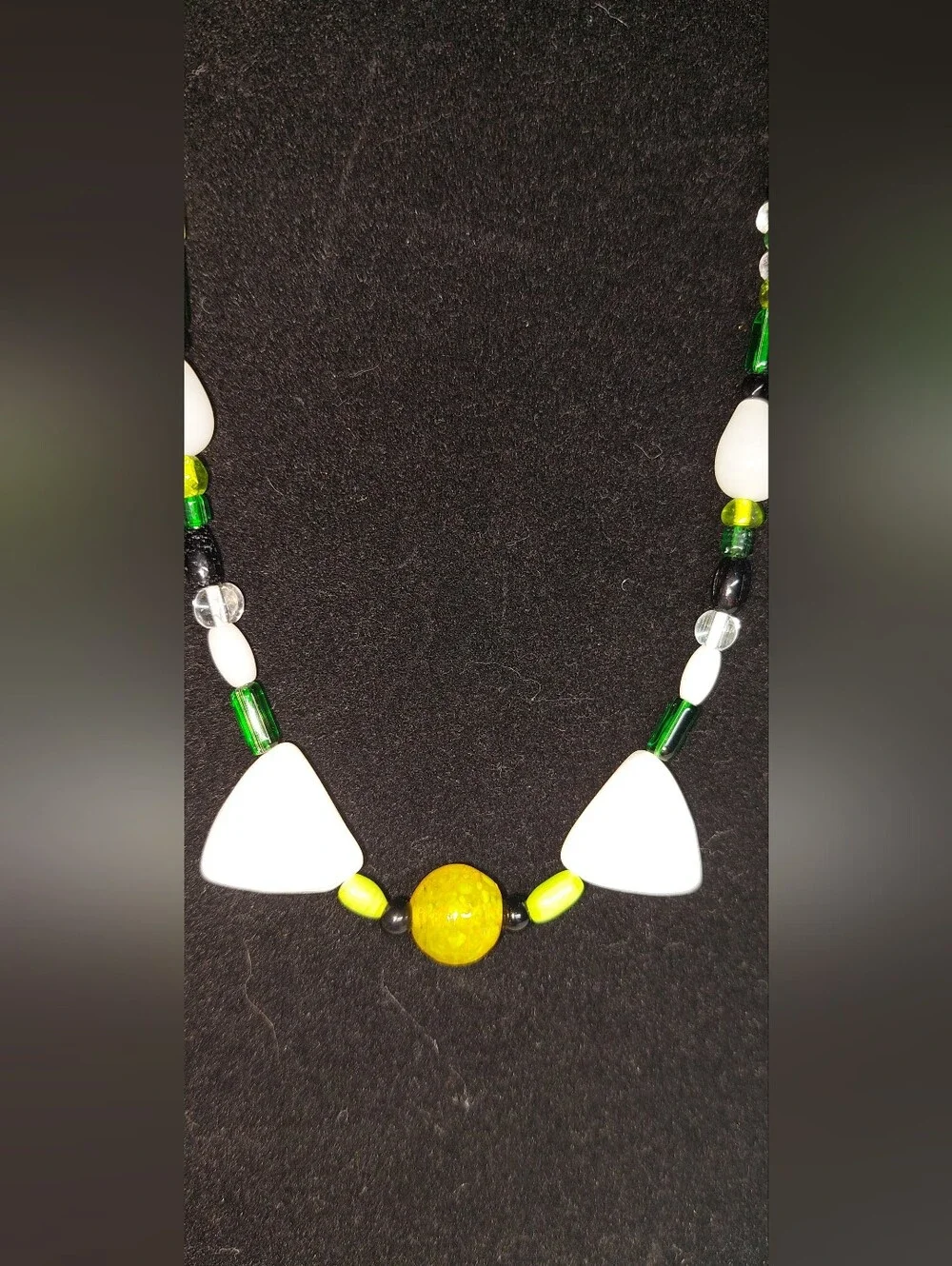 Handmade Green and White Glass Beaded Necklace with Yellow Accent 16 Inch Choker