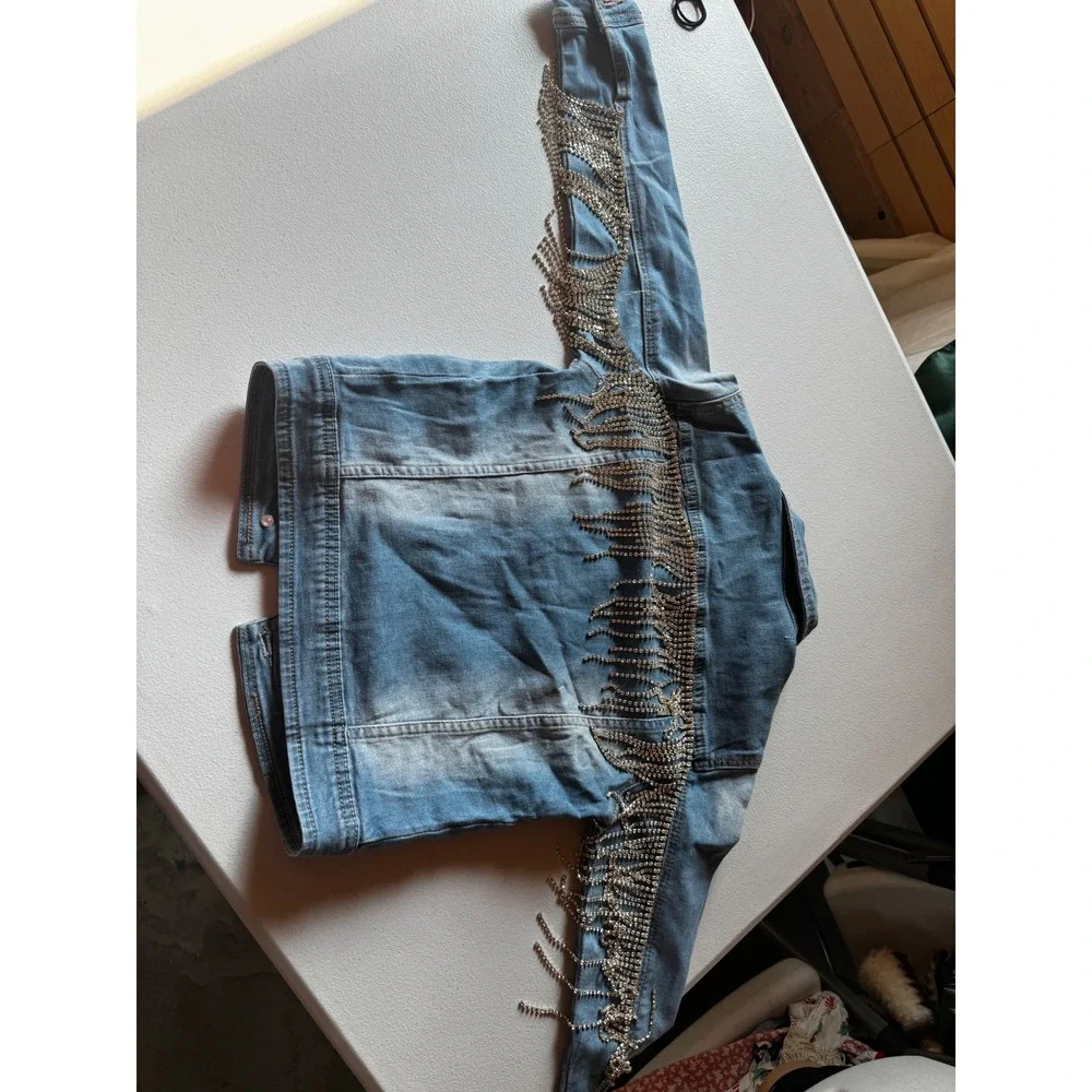 Kids Rhinestone Fringe Denim Jacket Light Wash Western Sparkle Trucker Small