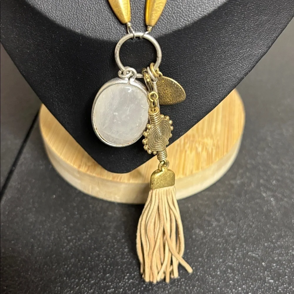Stella & Dot Milky Stone Tassel Charm Long Necklace