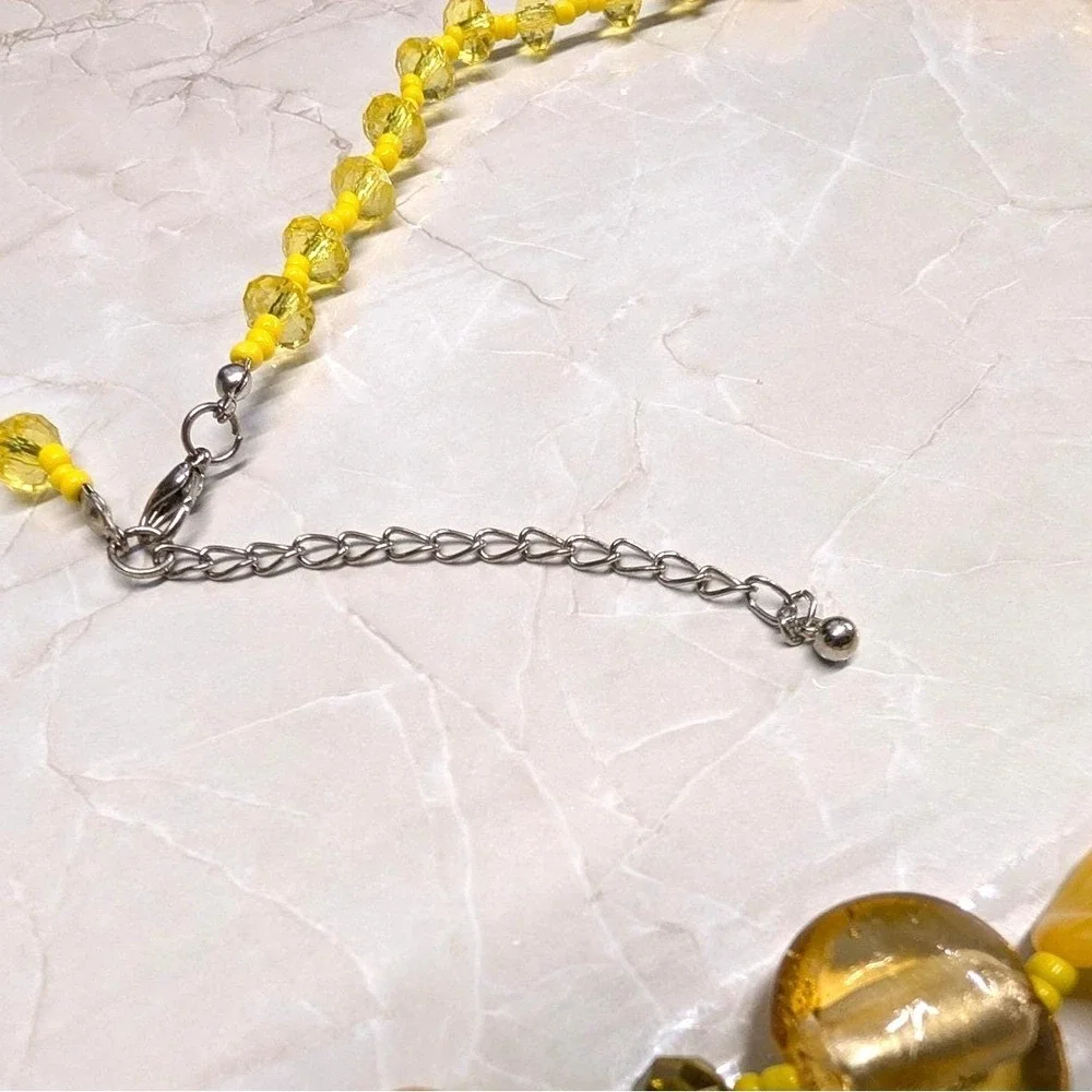 Vintage Yellow Glass Disc Twisted Faceted Crystal Beads Beaded Necklace 29.5