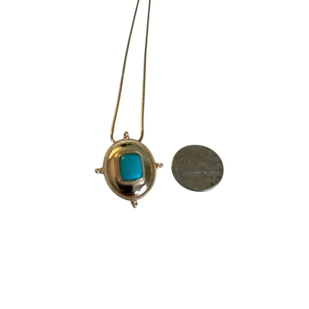 Gold Tone Pendant Necklace w/ Faux Turquoise Cabochon