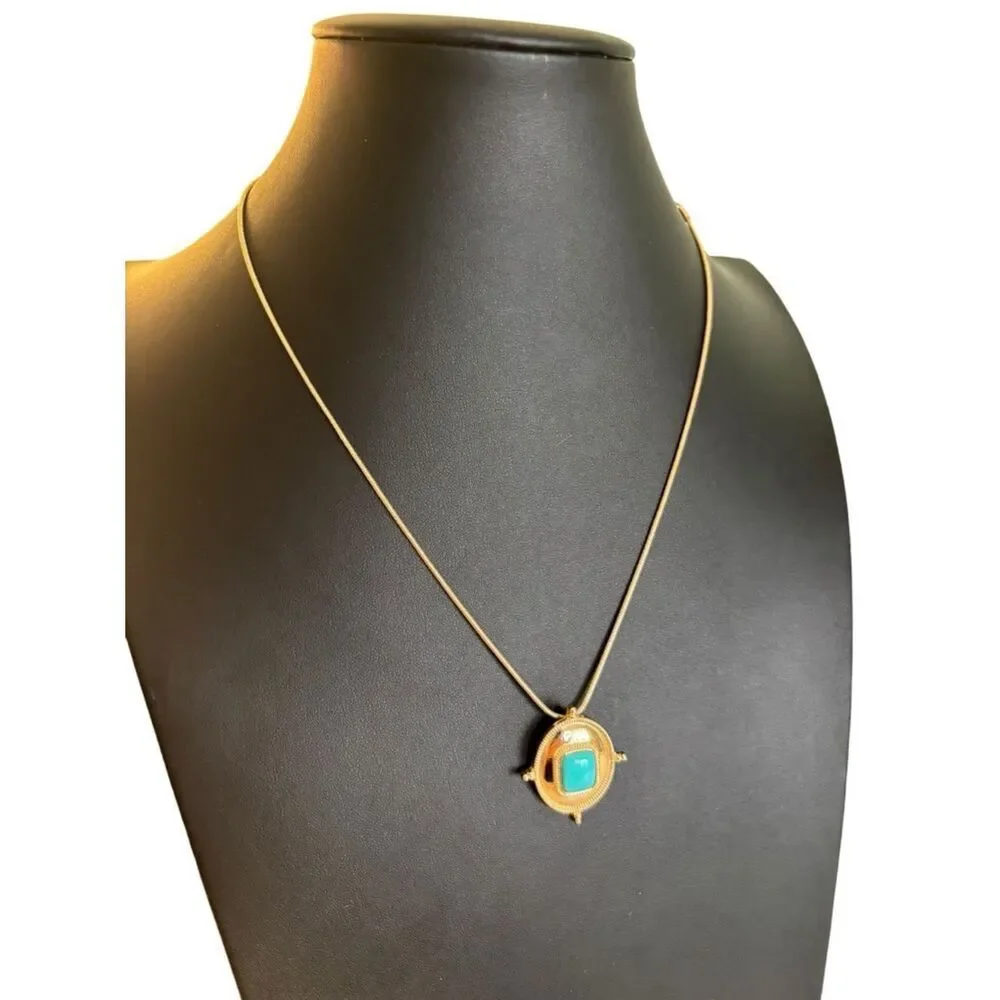 Gold Tone Pendant Necklace w/ Faux Turquoise Cabochon