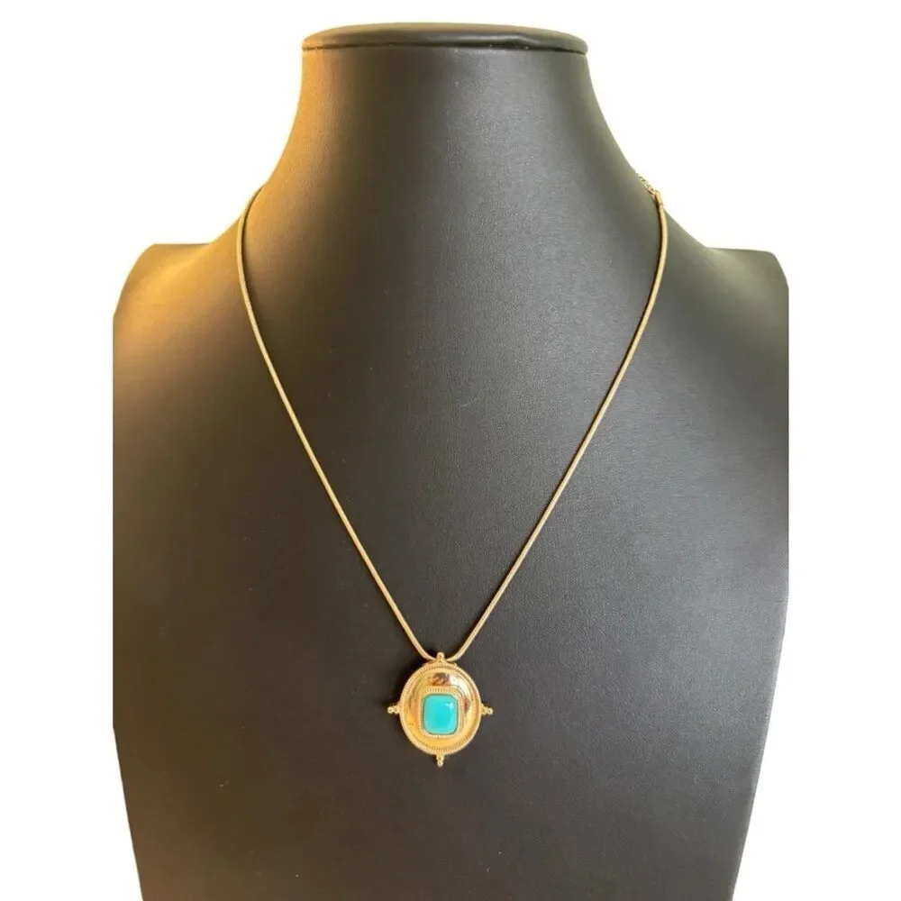 Gold Tone Pendant Necklace w/ Faux Turquoise Cabochon