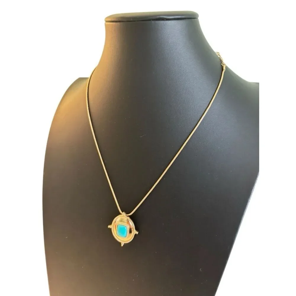 Gold Tone Pendant Necklace w/ Faux Turquoise Cabochon