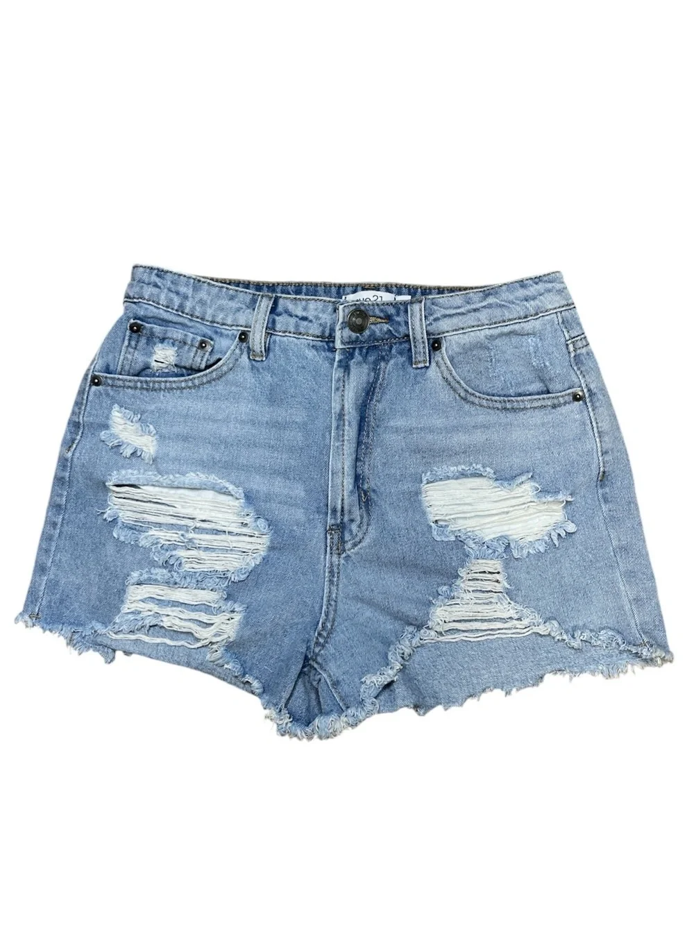 Rue21 distressed high rise denim shorts size 5 light wash cutoff frayed hem