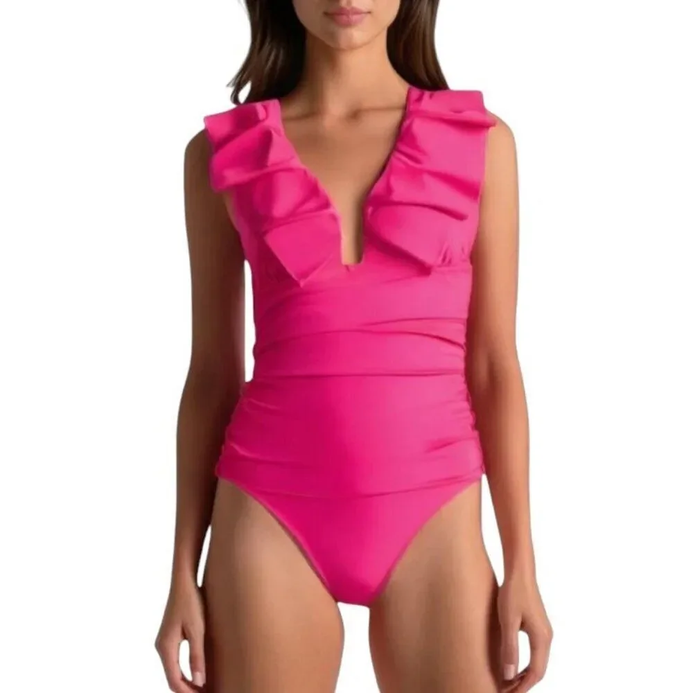 NEW J. Crew Ruched Ruffle One Piece Swimsuit V Neck Size 2 Pink Radiant Fuchsia