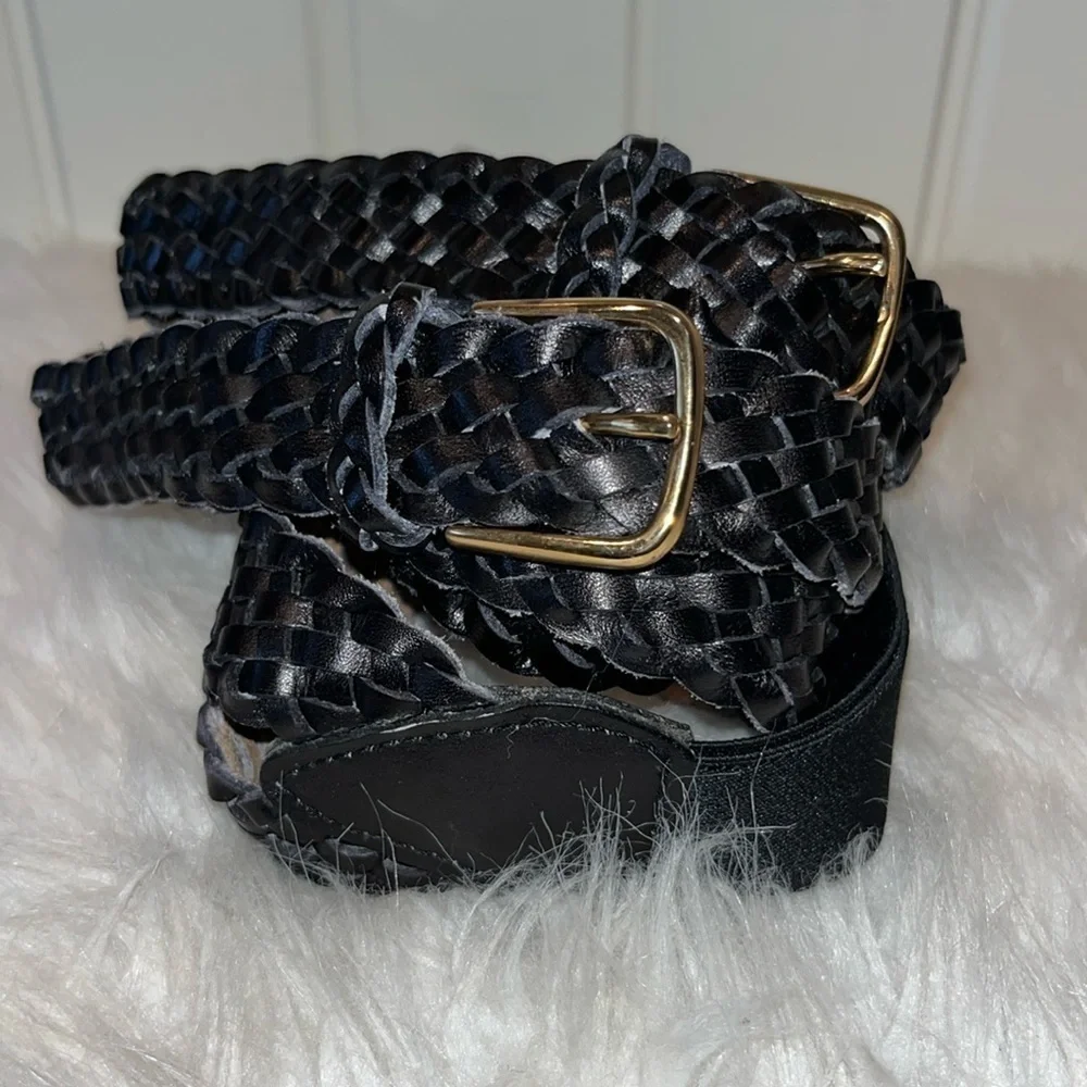 Black braided leather suspenders made in Haiti gold tone hardware