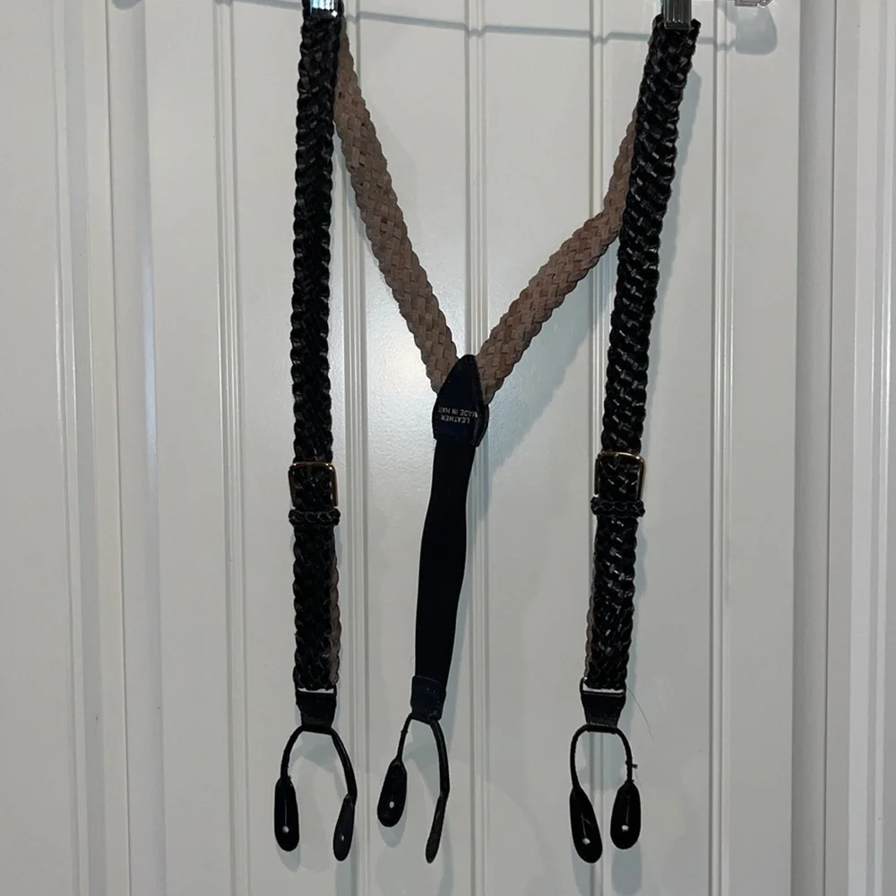 Black braided leather suspenders made in Haiti gold tone hardware