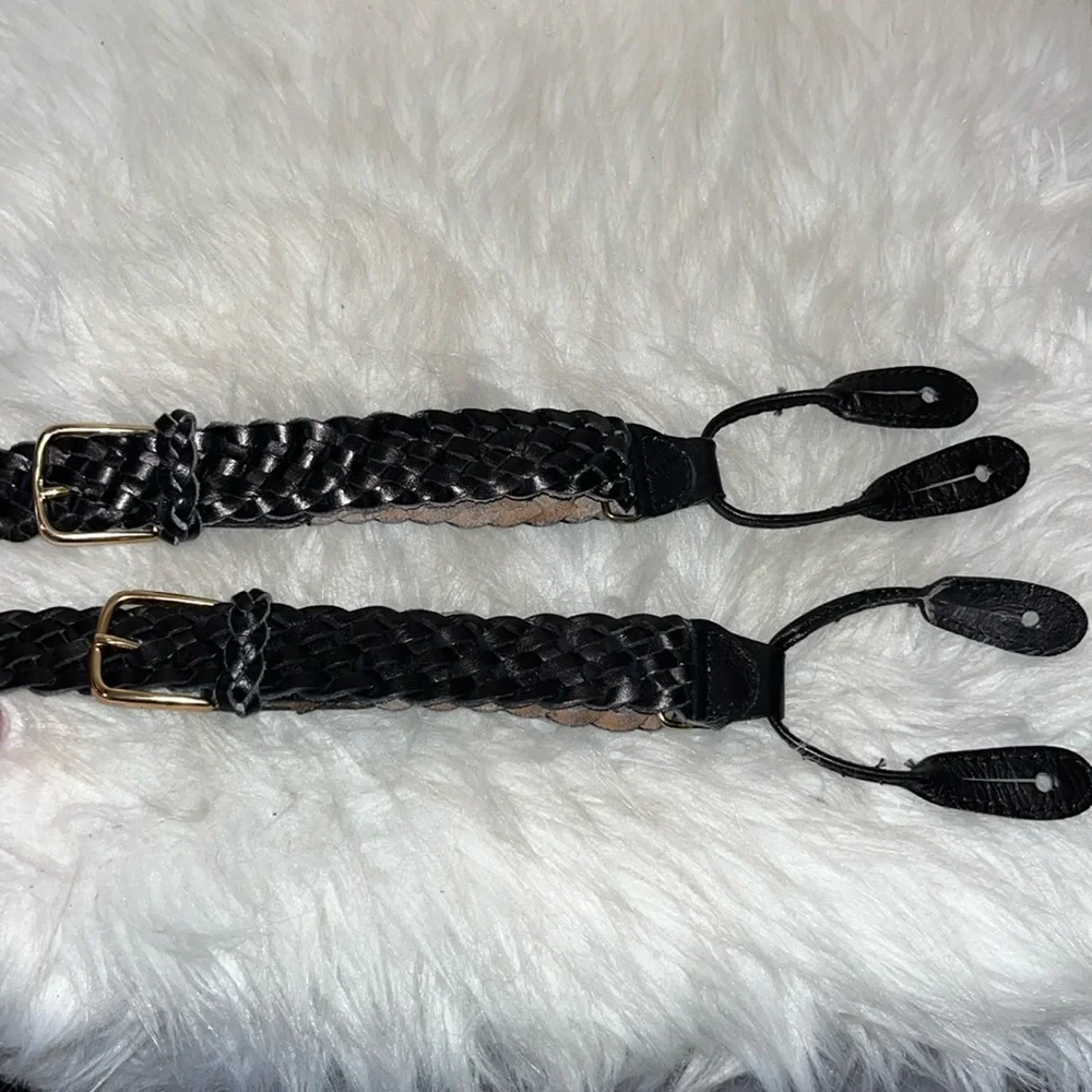 Black braided leather suspenders made in Haiti gold tone hardware