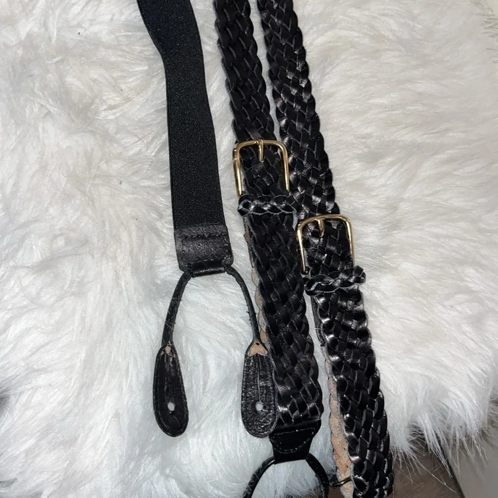 Black braided leather suspenders made in Haiti gold tone hardware