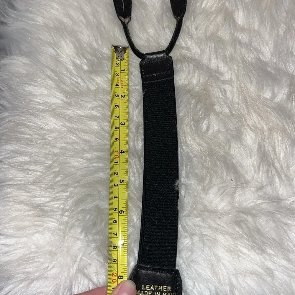 Black braided leather suspenders made in Haiti gold tone hardware