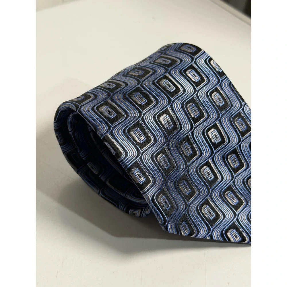 Guy Laroche Studio Necktie Blue Black Geometric Wavy Retro Silk Tall Long Mens