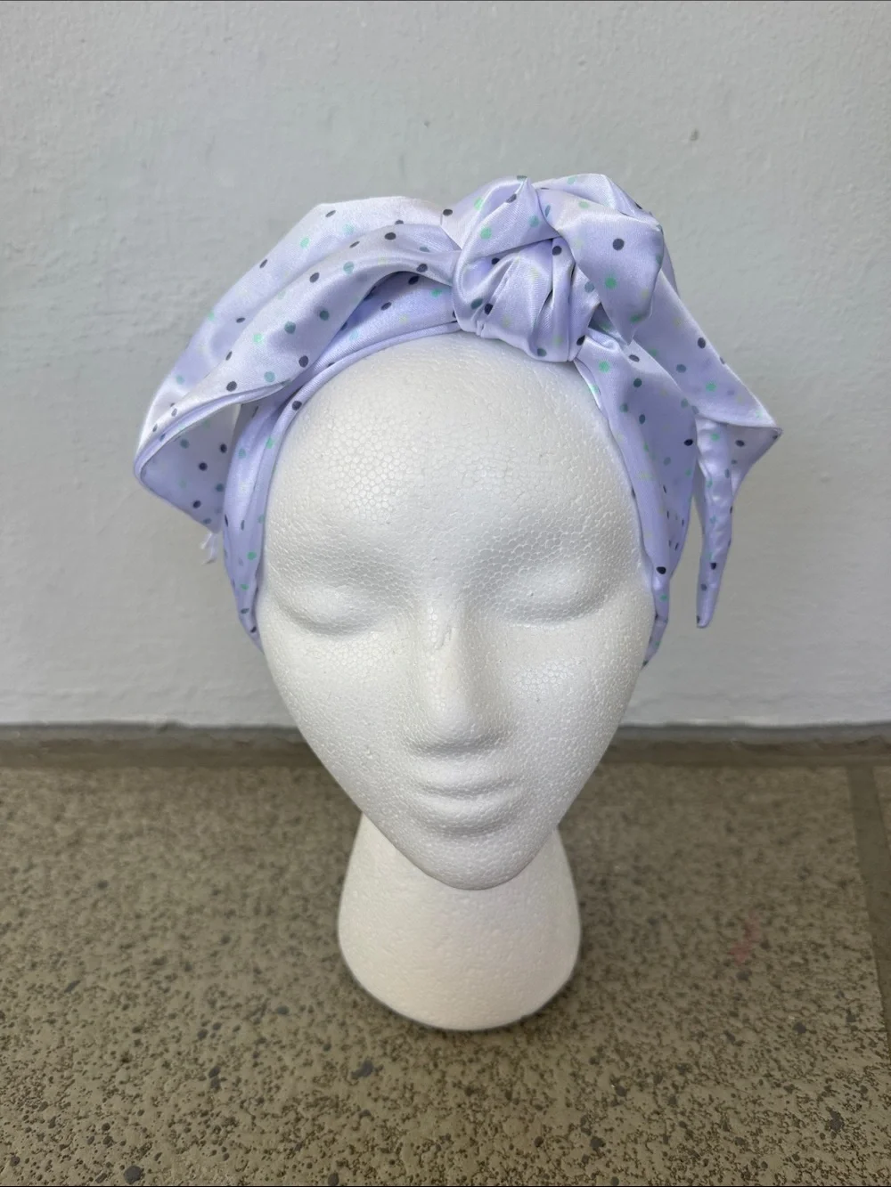 Happily Grey white green satin polka dot print head scarf