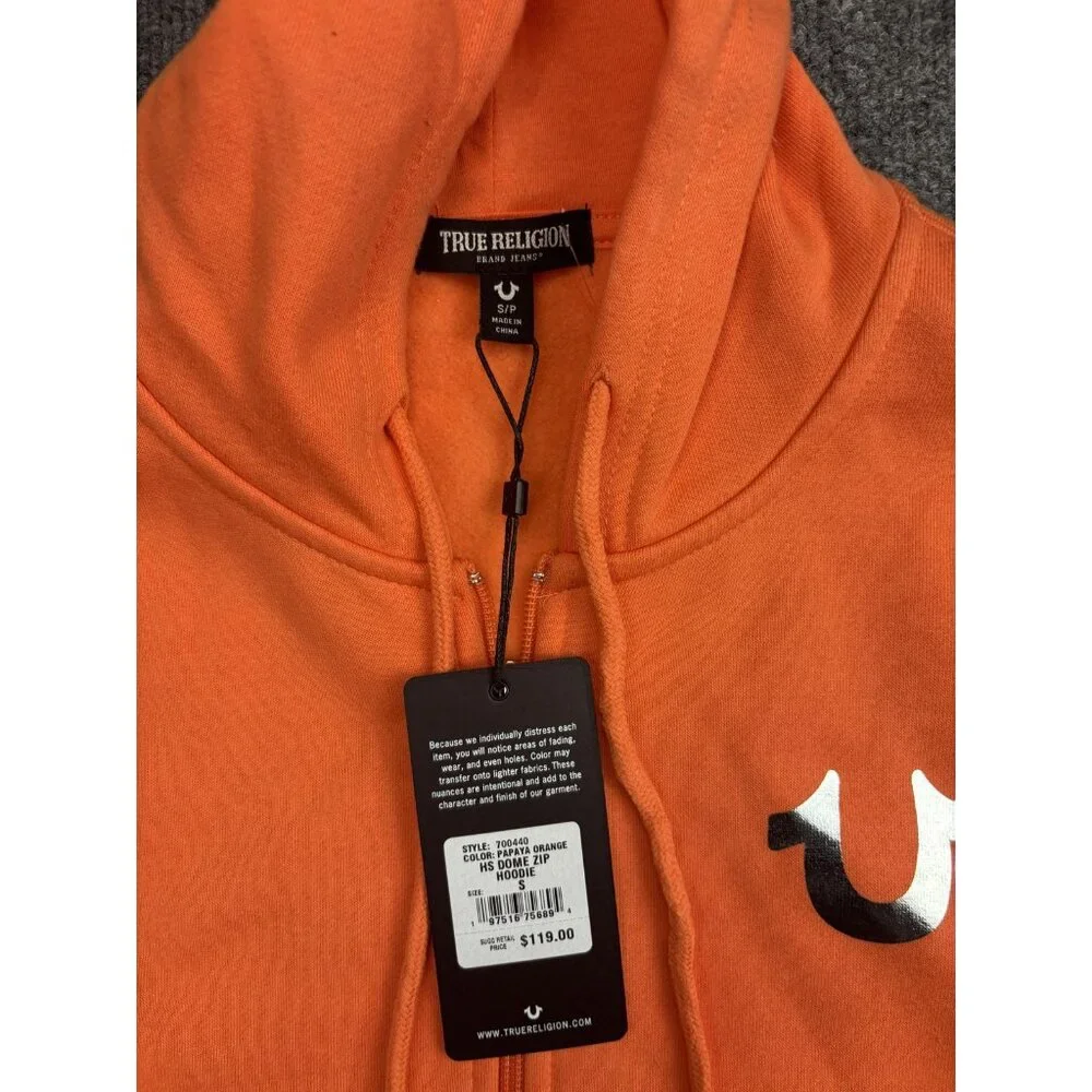 True Religion Hoodie Mens Small Orange Full Zip Fleece Sweatshirt Buddha Graphic