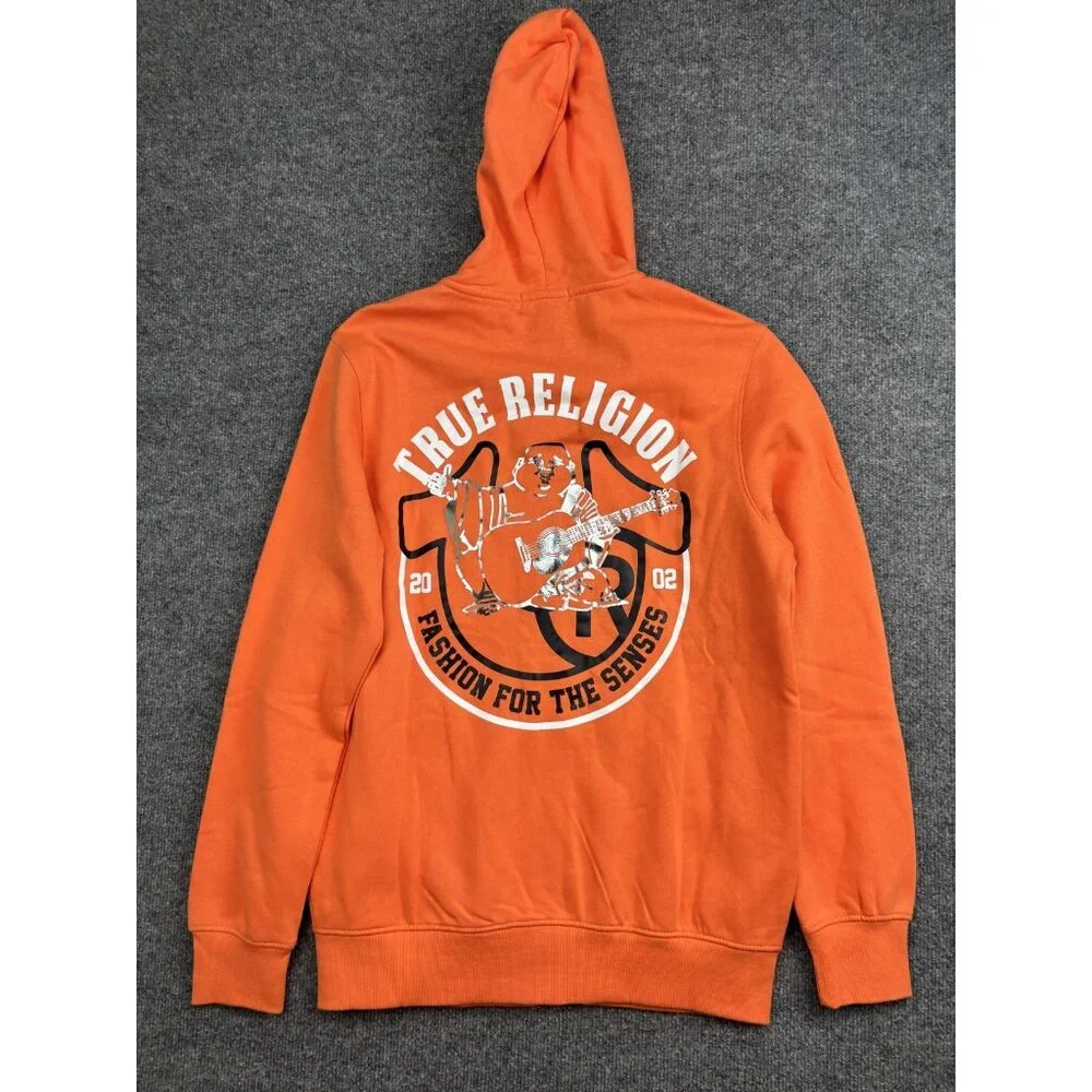 True Religion Hoodie Mens Small Orange Full Zip Fleece Sweatshirt Buddha Graphic