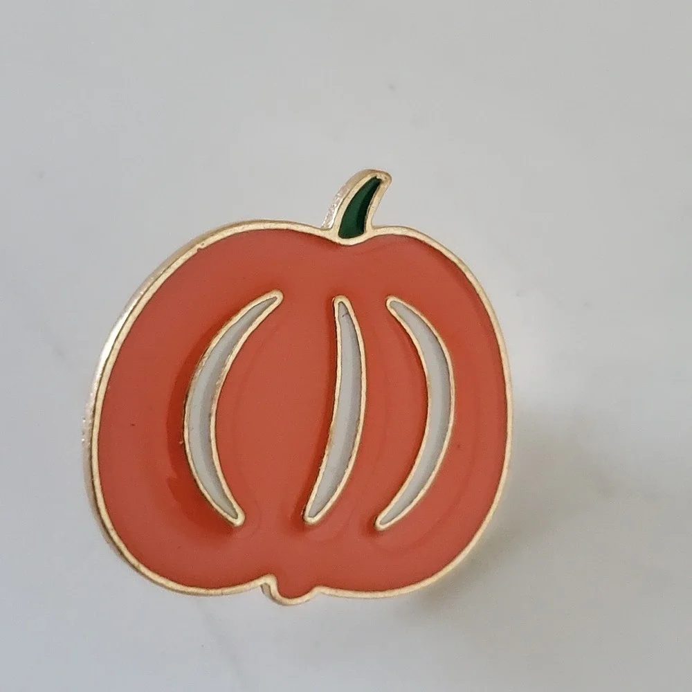 Orange Pumpkin Enamel Pin Gold Tone Fall Autumn Halloween Lapel Pin Accessory