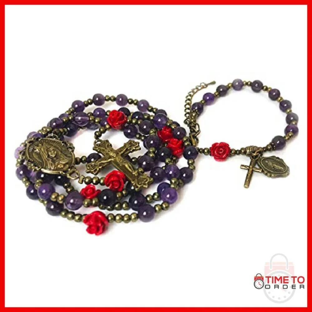 Amethyst Stone Rosary Bracelet Set with Immaculate Heart of Mary Centerpiece