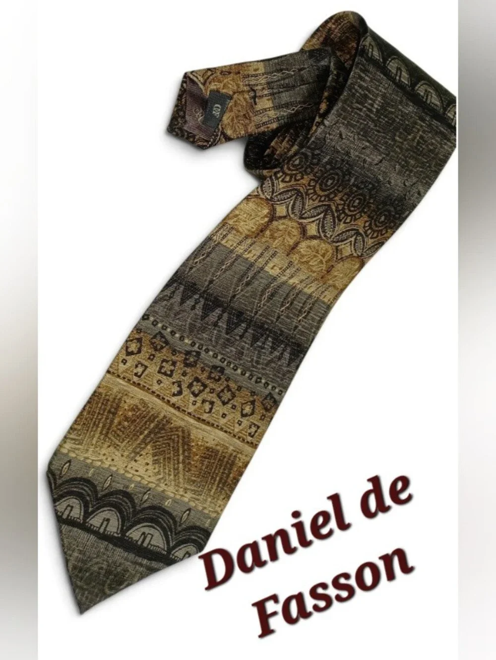 Daniel de Fasson Patterned 100% Silk Tie in Gold and Black