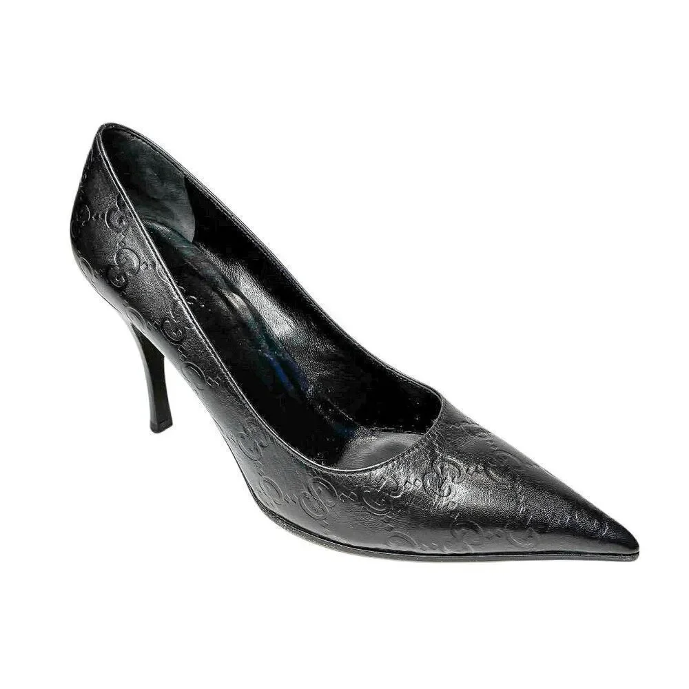 Gucci Black Double GG Monogram Logo Embossed Pointed Toe Heels Size 6 Pumps