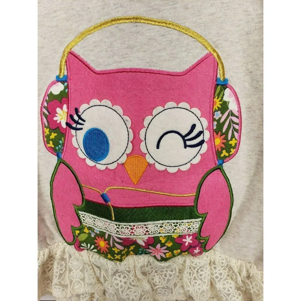Emily Rose Girls Size 6 Owl Raglan Lace Ruffle Short Sleeve Shirt‎ Oatmeal Green