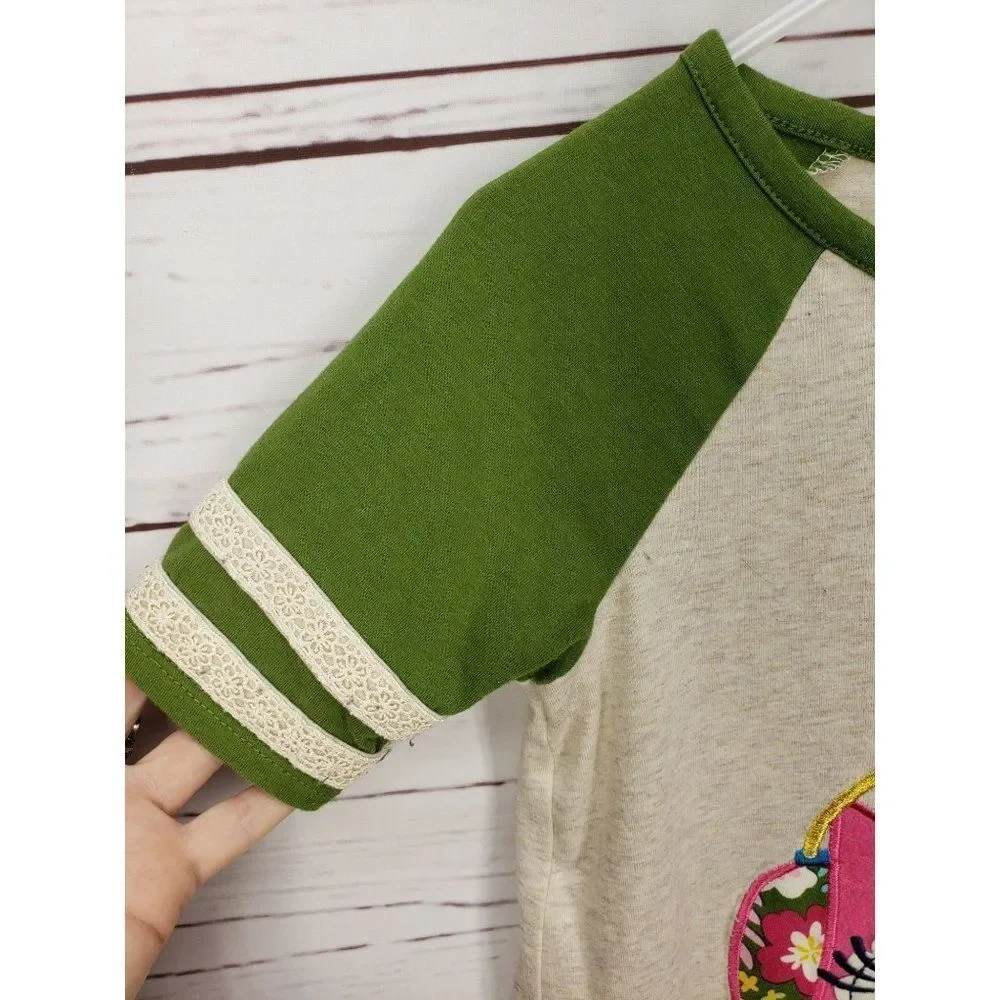 Emily Rose Girls Size 6 Owl Raglan Lace Ruffle Short Sleeve Shirt‎ Oatmeal Green