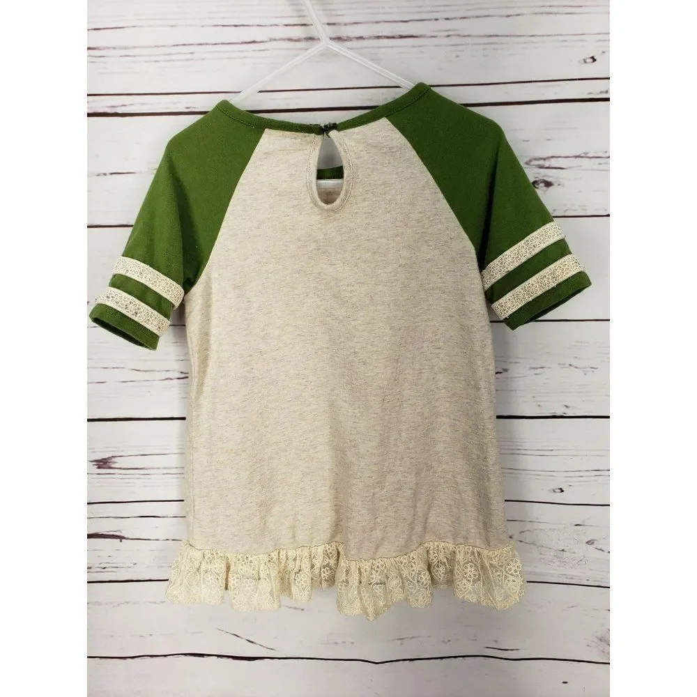 Emily Rose Girls Size 6 Owl Raglan Lace Ruffle Short Sleeve Shirt‎ Oatmeal Green