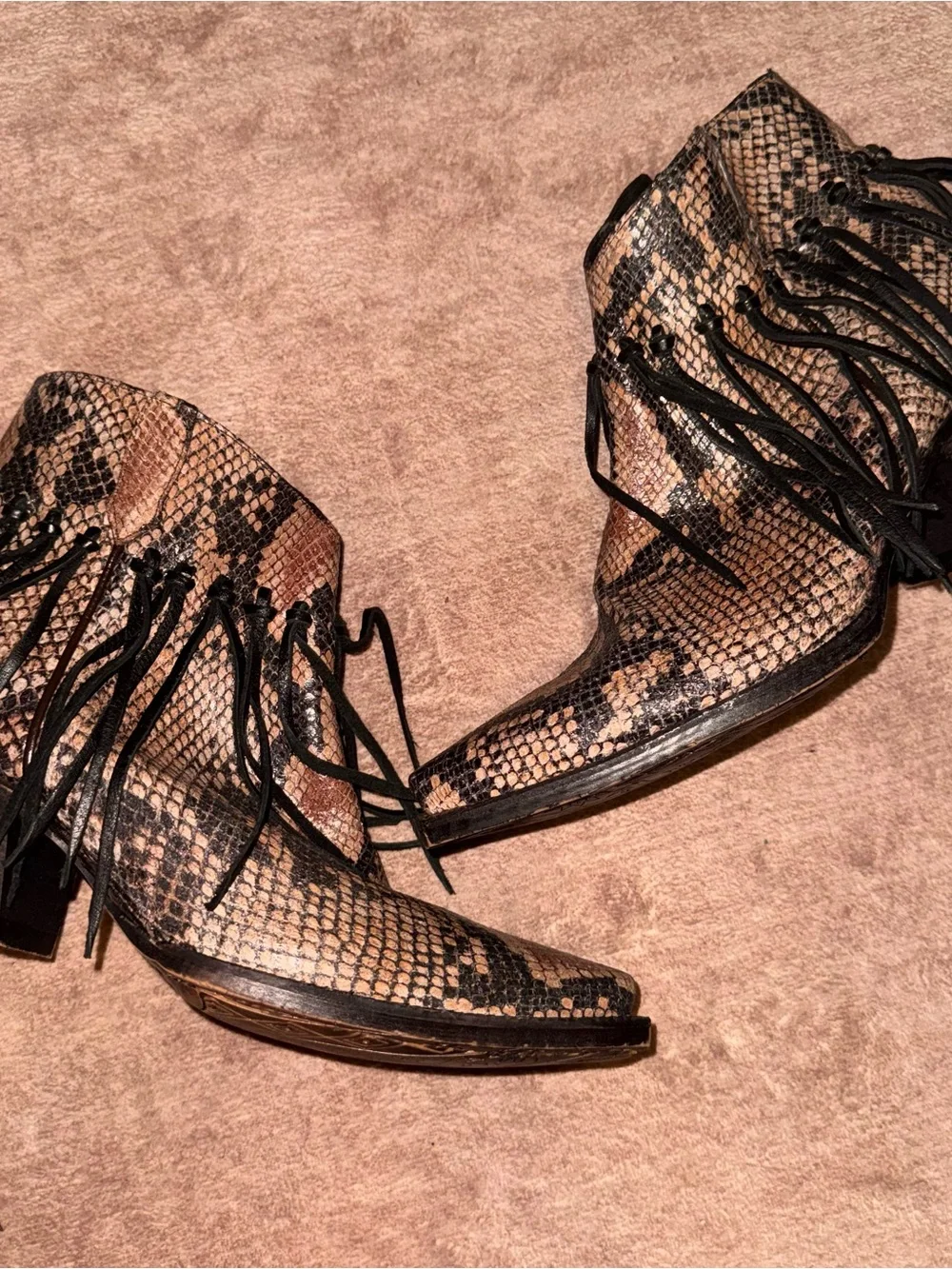 Tony Lama Anahi Snip Toe Booties Fringe Snake Print Snakeskin 7.5