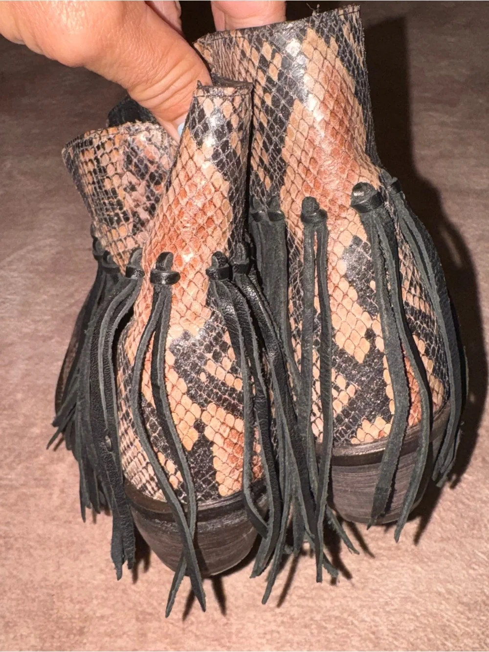Tony Lama Anahi Snip Toe Booties Fringe Snake Print Snakeskin 7.5