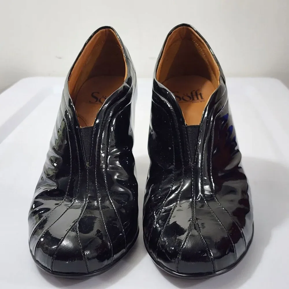 Sofft Fortuna Black Patent Leather Boot Bootie Size 8 Block High Heel Almond Toe