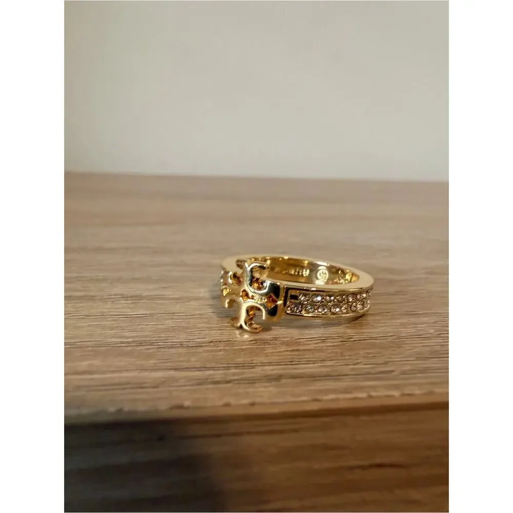 Tory Burch Crystal Miller Logo Ring Gold Tone Pave Size 7