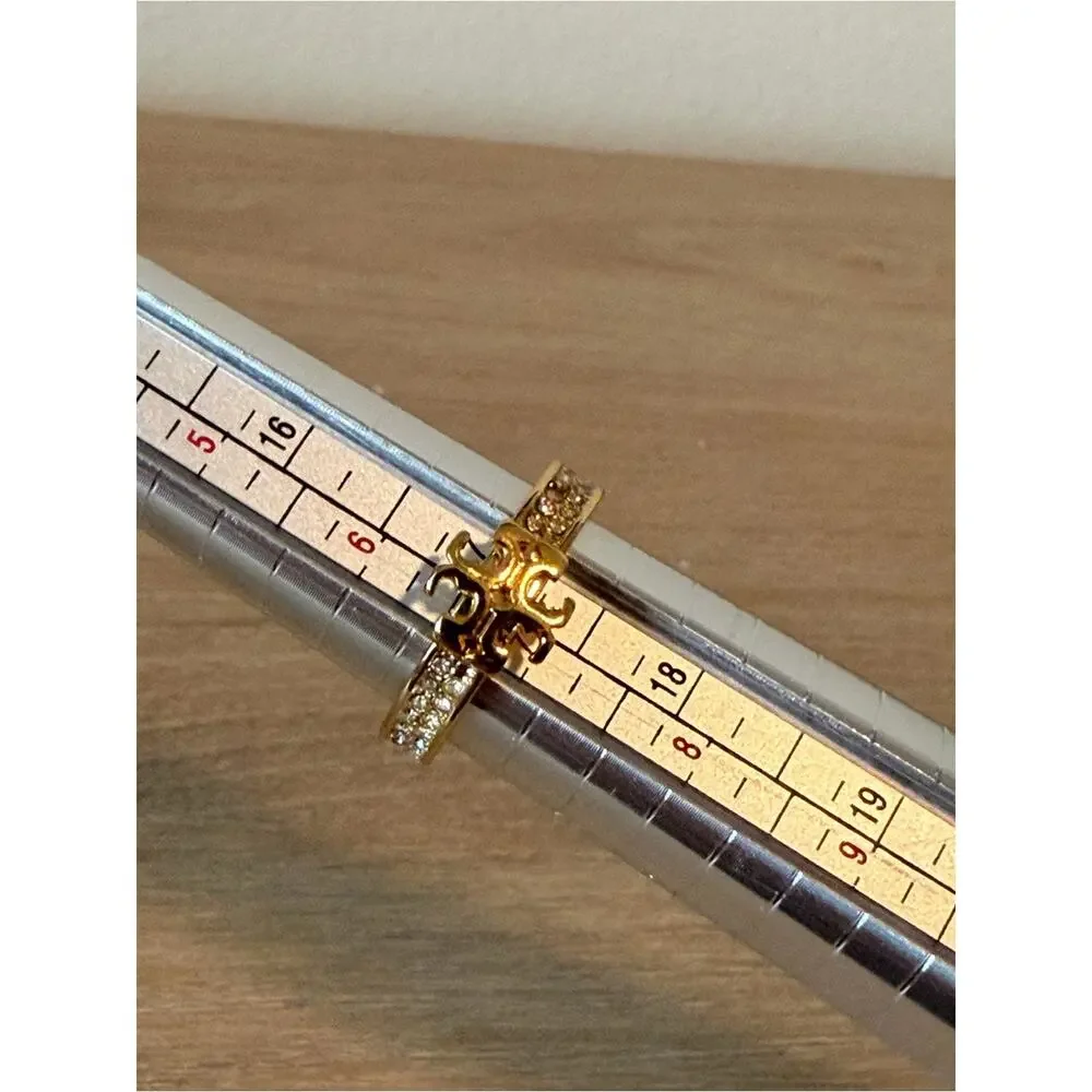 Tory Burch Crystal Miller Logo Ring Gold Tone Pave Size 7
