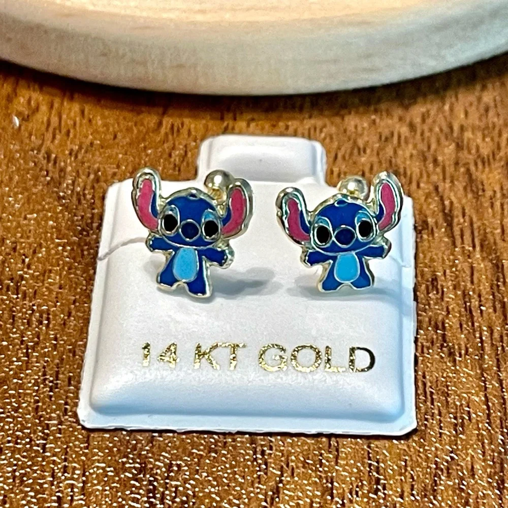 Kids Blue Character Stud Earrings in 14K Gold with Ball Screw