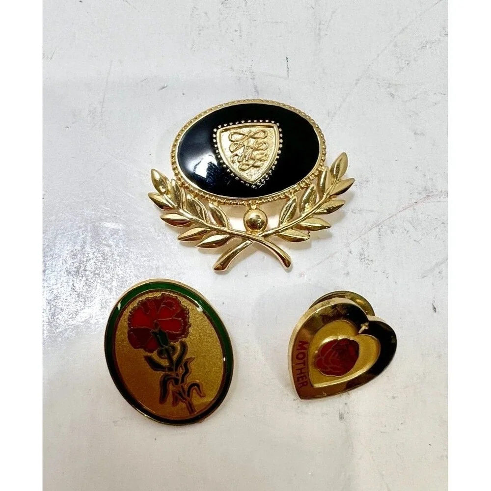 Vintage Goldtone Enamel Pin Brooch Lot Of 3 Wreath Valley Casting Mother Heart