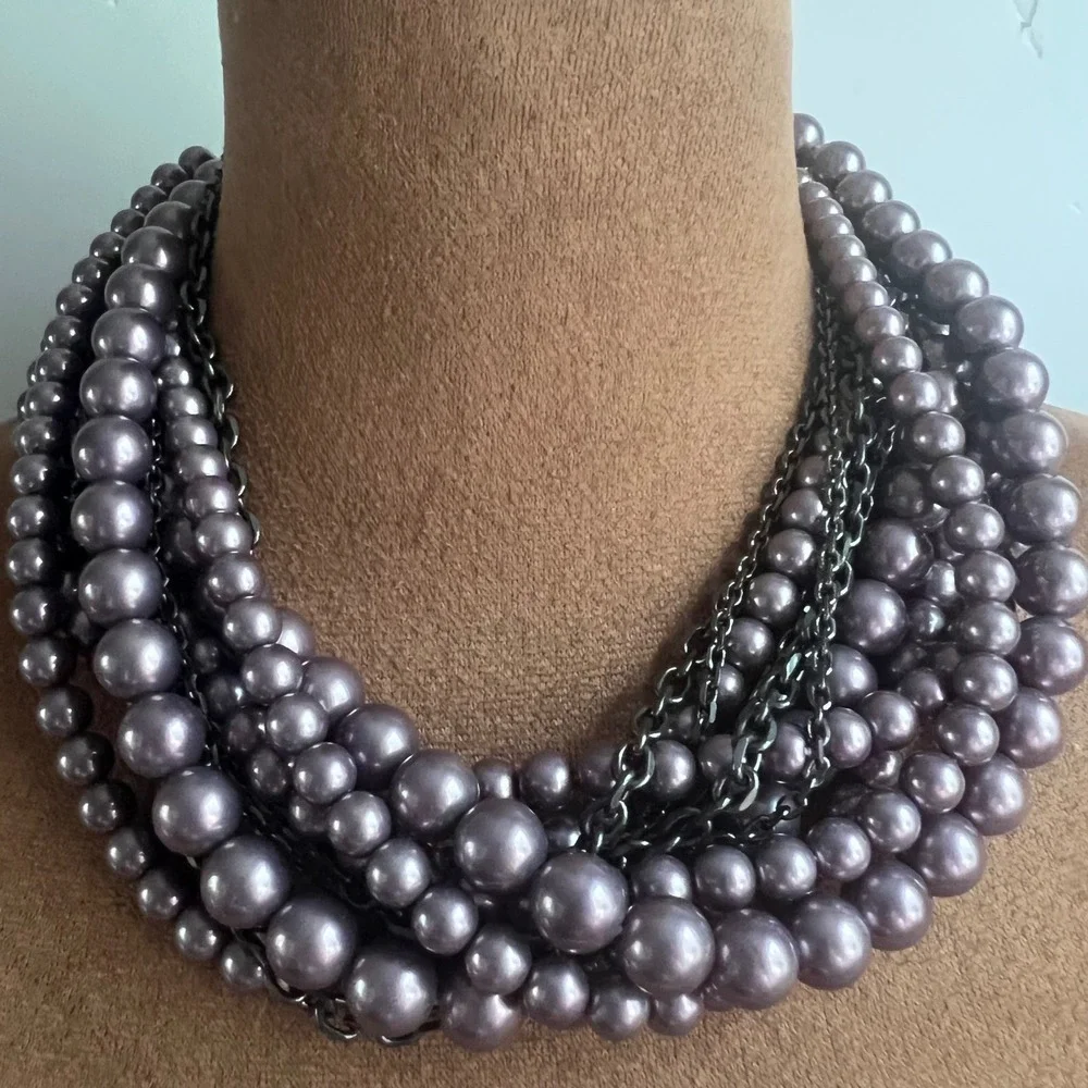 Lia Sophia Multi Strand Purple Glass Pearl Necklace Gunmetal Chain 15-18