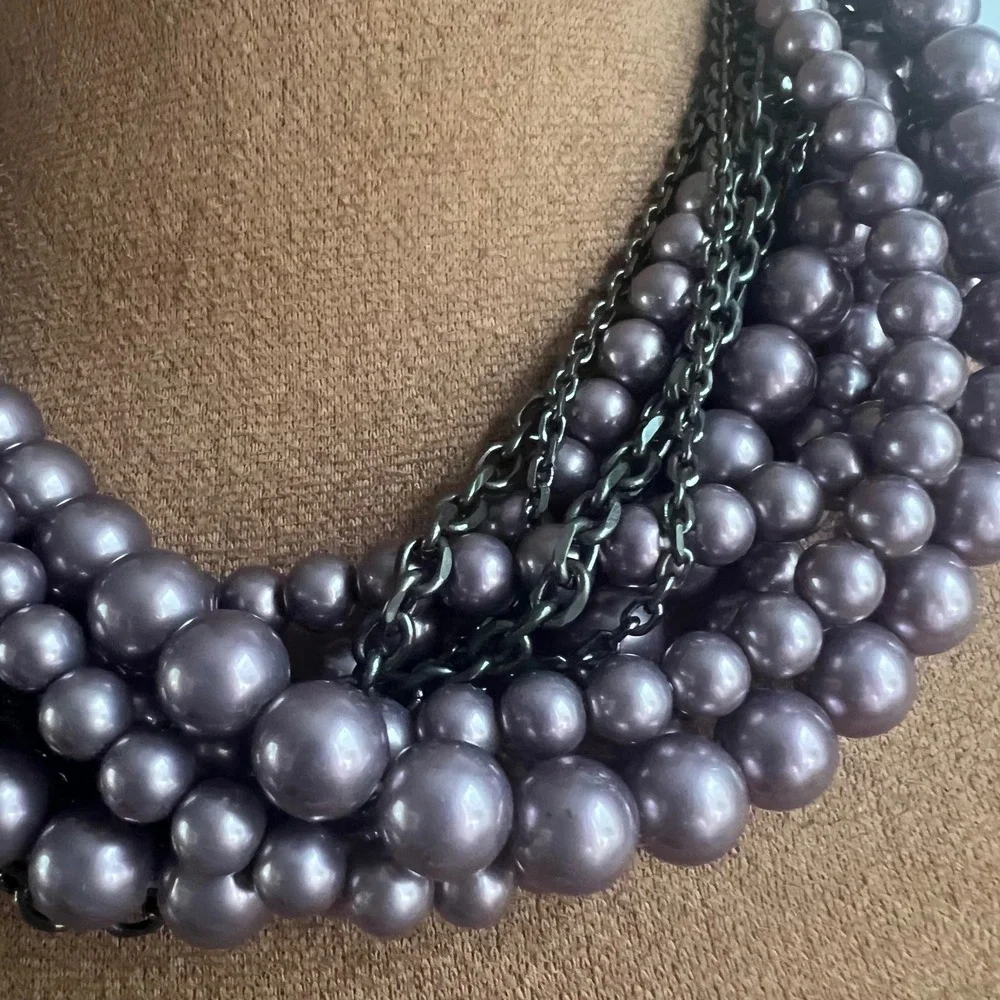 Lia Sophia Multi Strand Purple Glass Pearl Necklace Gunmetal Chain 15-18