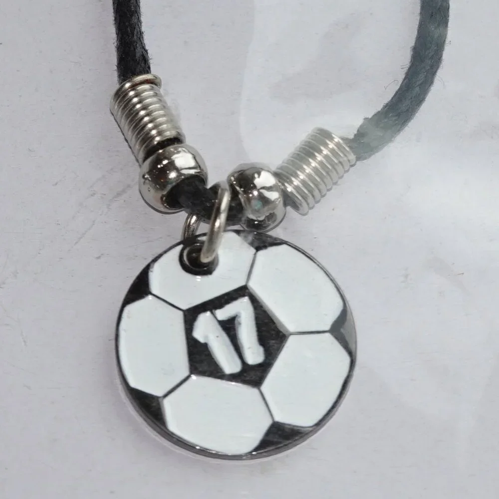 Soccer Player Necklace Personalized #17 Soccer Ball Black Rope, NWT